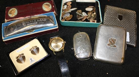 Collection of cufflinks, military cigarette case, vesta, watch, etc